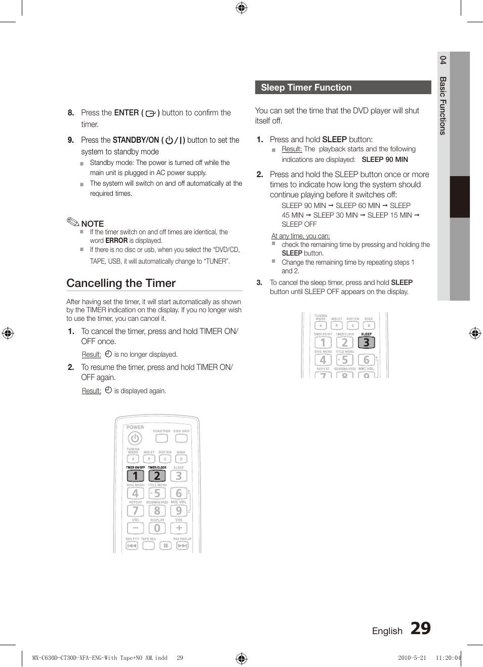 Sleep timer function, Cancelling the timer | Samsung AH68-02252K-C630D-C730D-XFA User Manual | Page 29 / 38