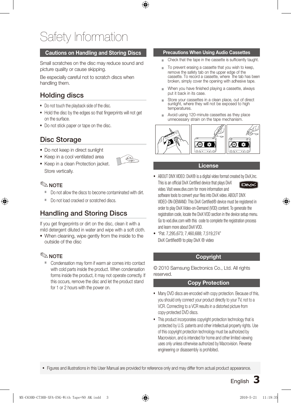 Cautions on handling and storing discs, Precautions when using audio cassettes, License | Copyright, Copy protection, Safety information | Samsung AH68-02252K-C630D-C730D-XFA User Manual | Page 3 / 38
