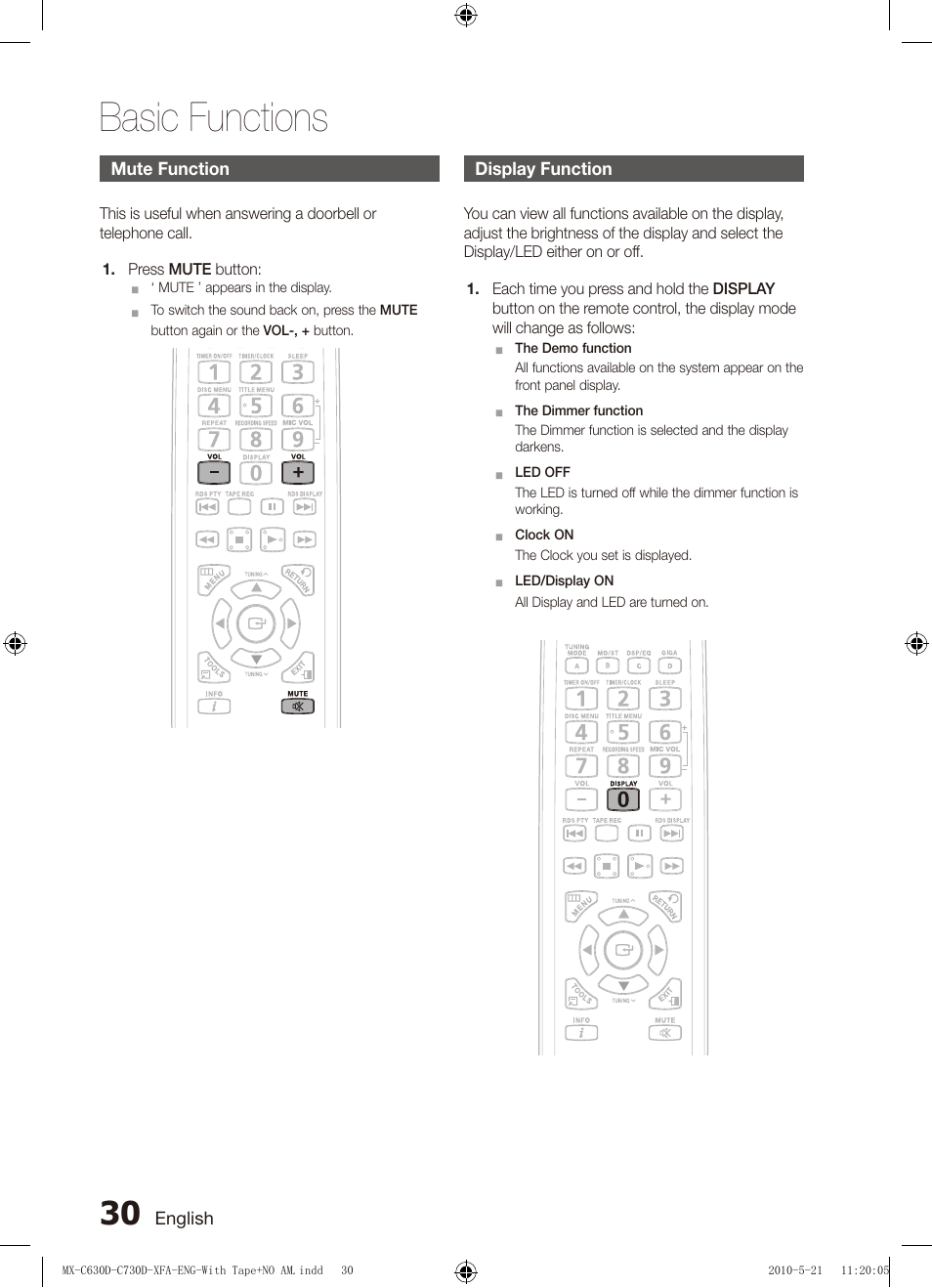 Mute function, Display function, Basic functions | Samsung AH68-02252K-C630D-C730D-XFA User Manual | Page 30 / 38