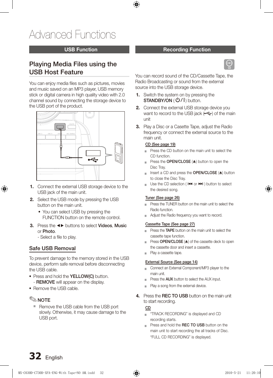 Advanced functions, Usb function, Recording function | Playing media files using the usb host feature | Samsung AH68-02252K-C630D-C730D-XFA User Manual | Page 32 / 38