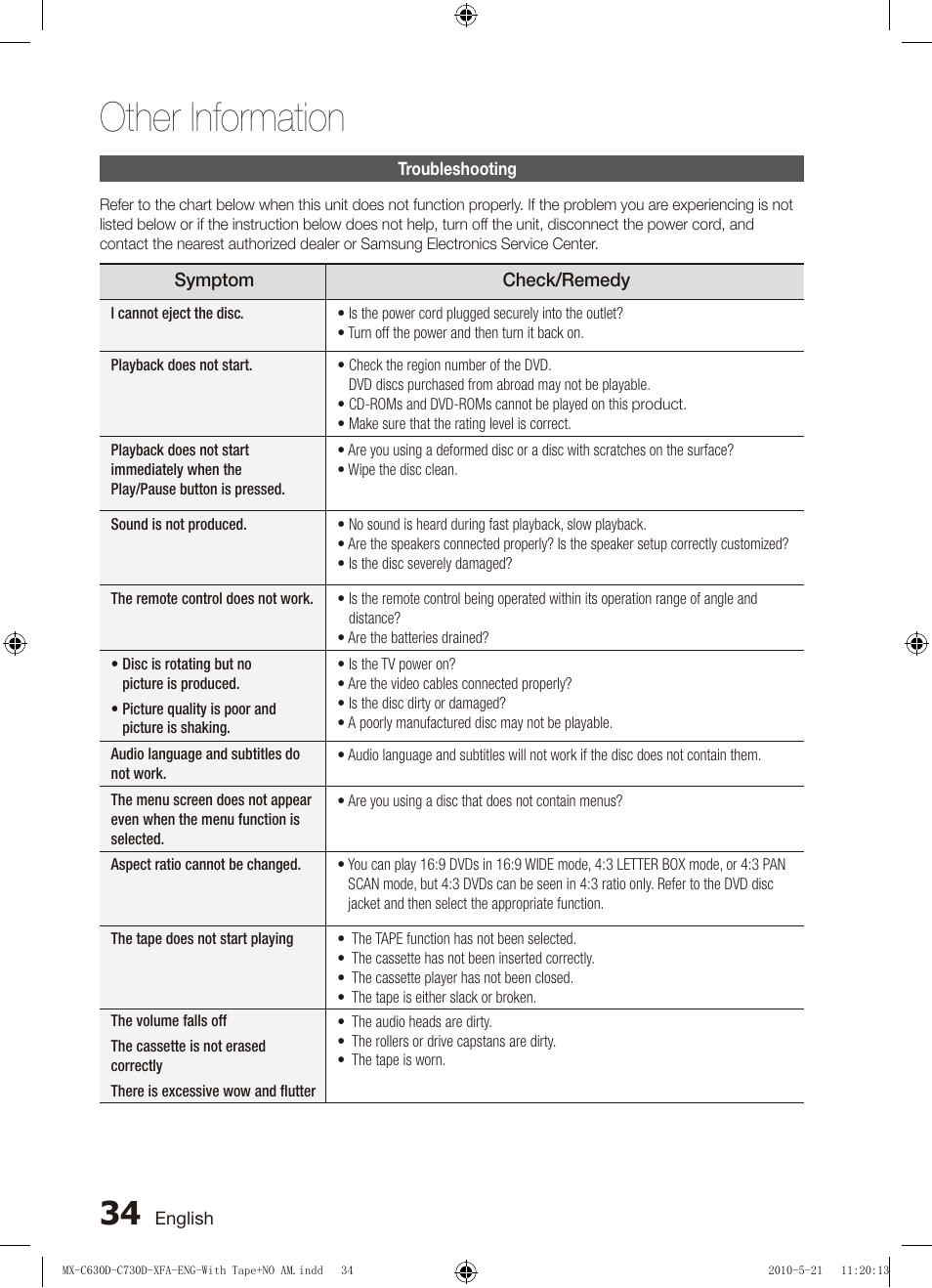 Other information, Troubleshooting | Samsung AH68-02252K-C630D-C730D-XFA User Manual | Page 34 / 38