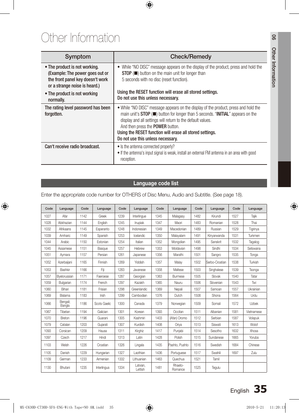 Language code list, Other information, Symptom check/remedy | English | Samsung AH68-02252K-C630D-C730D-XFA User Manual | Page 35 / 38