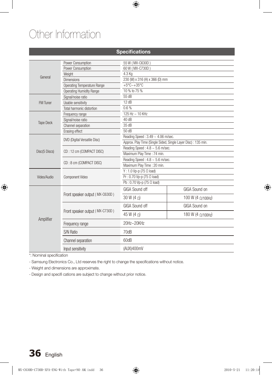 Specifications, Other information | Samsung AH68-02252K-C630D-C730D-XFA User Manual | Page 36 / 38
