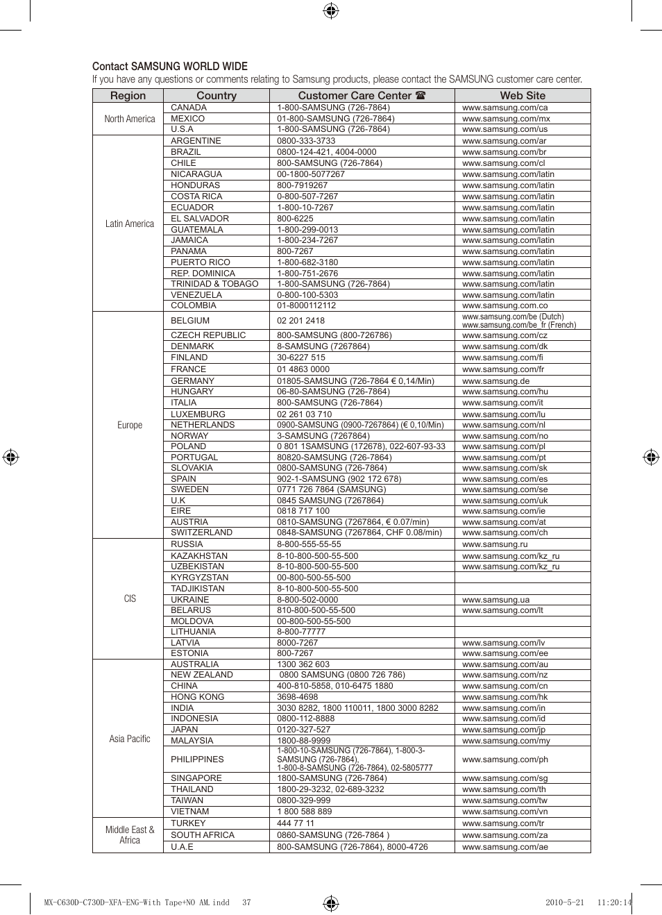 English, Contact samsung world wide | Samsung AH68-02252K-C630D-C730D-XFA User Manual | Page 37 / 38