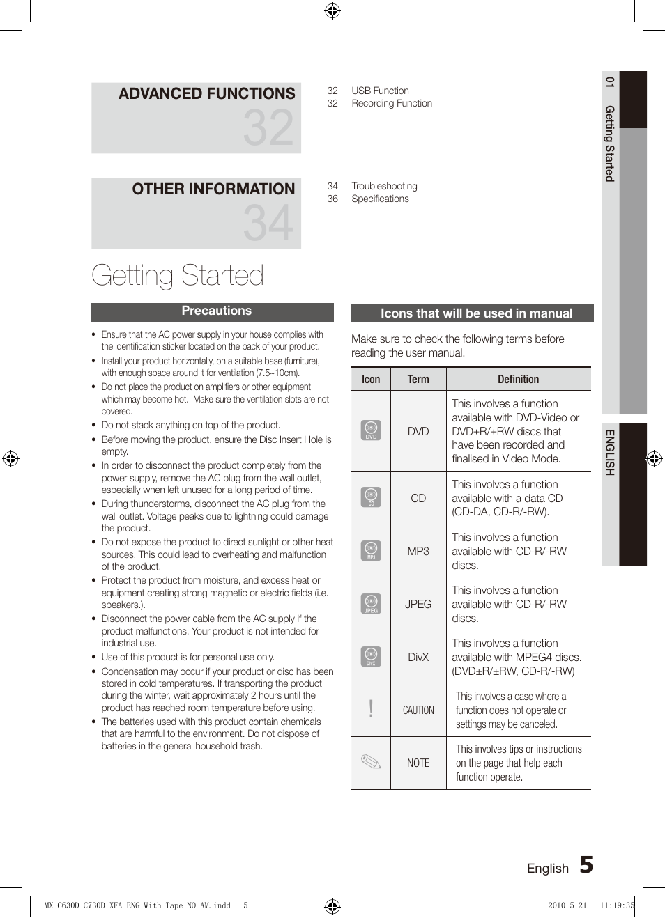 Getting started, Precautions, Icons that will be used in manual | Samsung AH68-02252K-C630D-C730D-XFA User Manual | Page 5 / 38