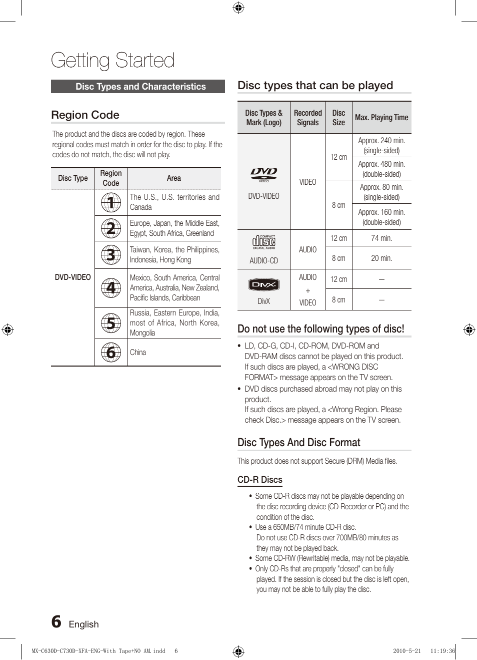 Disc types and characteristics, Getting started | Samsung AH68-02252K-C630D-C730D-XFA User Manual | Page 6 / 38