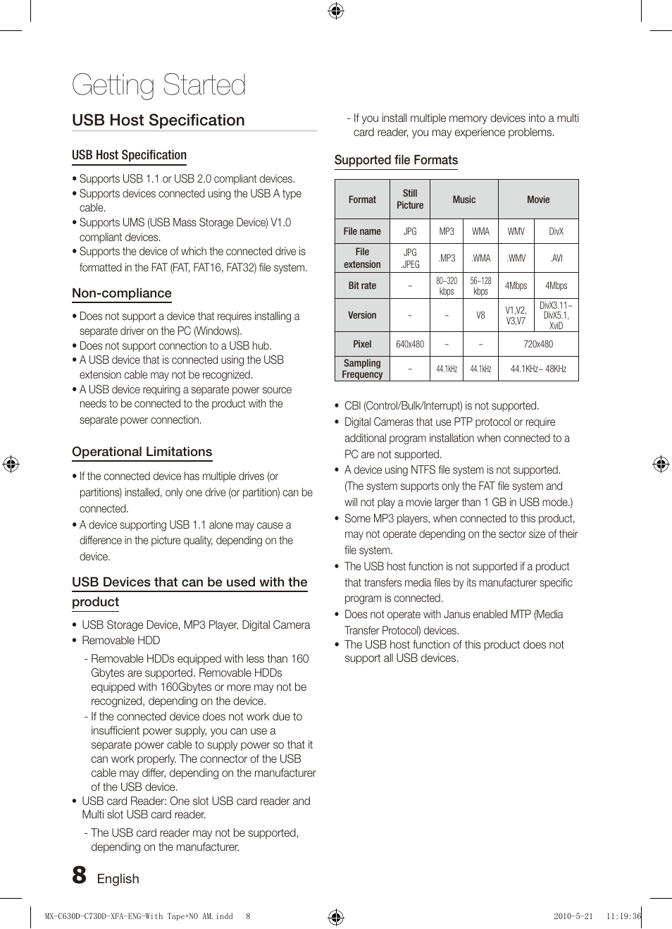 Getting started, Usb host specification | Samsung AH68-02252K-C630D-C730D-XFA User Manual | Page 8 / 38