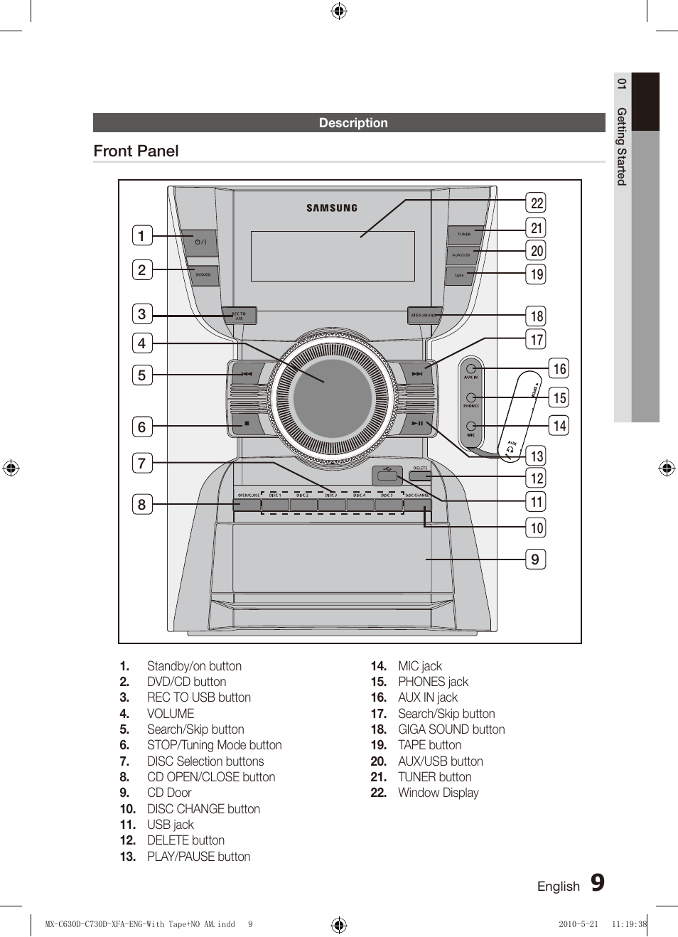 Description, Front panel | Samsung AH68-02252K-C630D-C730D-XFA User Manual | Page 9 / 38