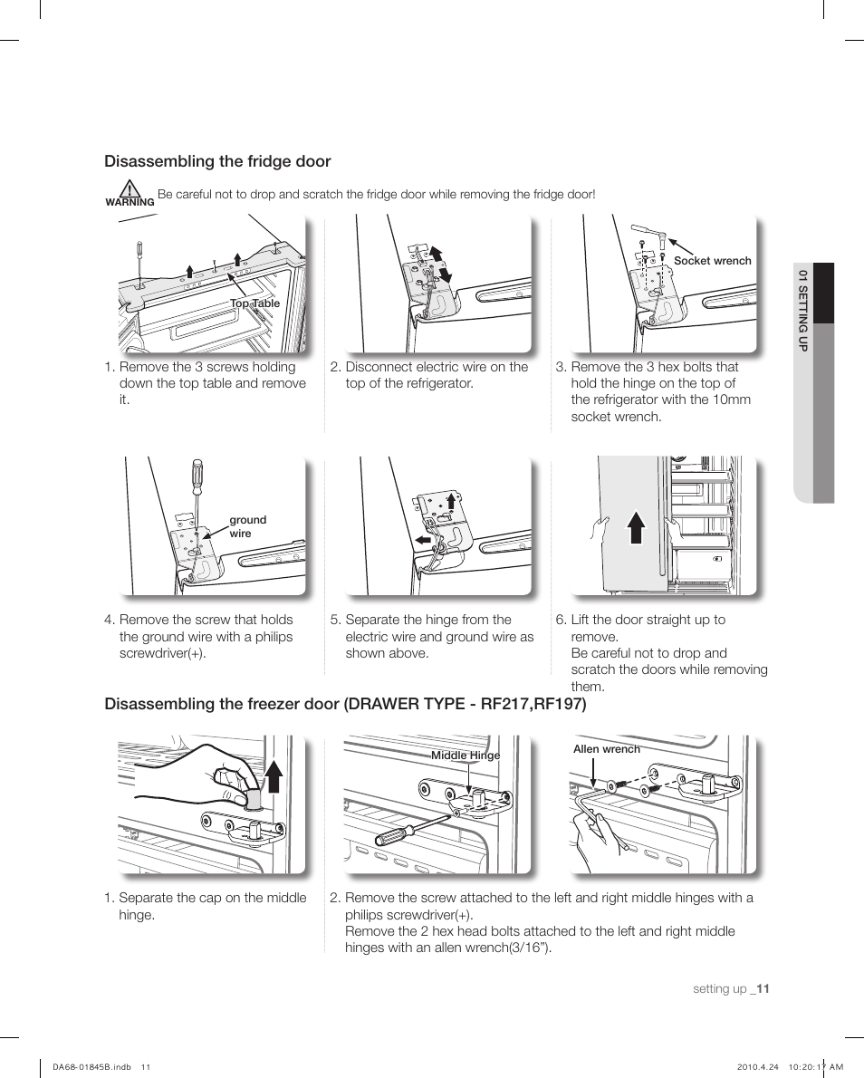 Disassembling the fridge door | Samsung RF215** User Manual | Page 11 / 34