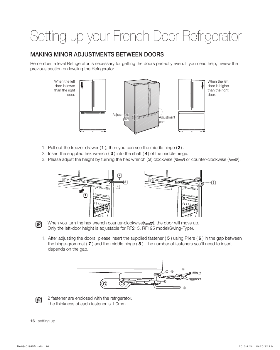 Making minor adjustments between doors, Setting up your french door refrigerator | Samsung RF215** User Manual | Page 16 / 34