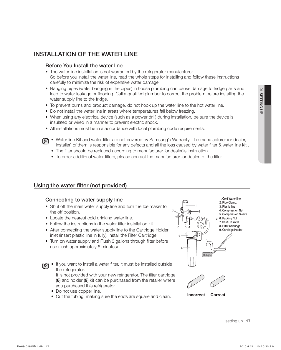 Installation of the water line, Using the water filter (not provided), Before you install the water line | Connecting to water supply line | Samsung RF215** User Manual | Page 17 / 34