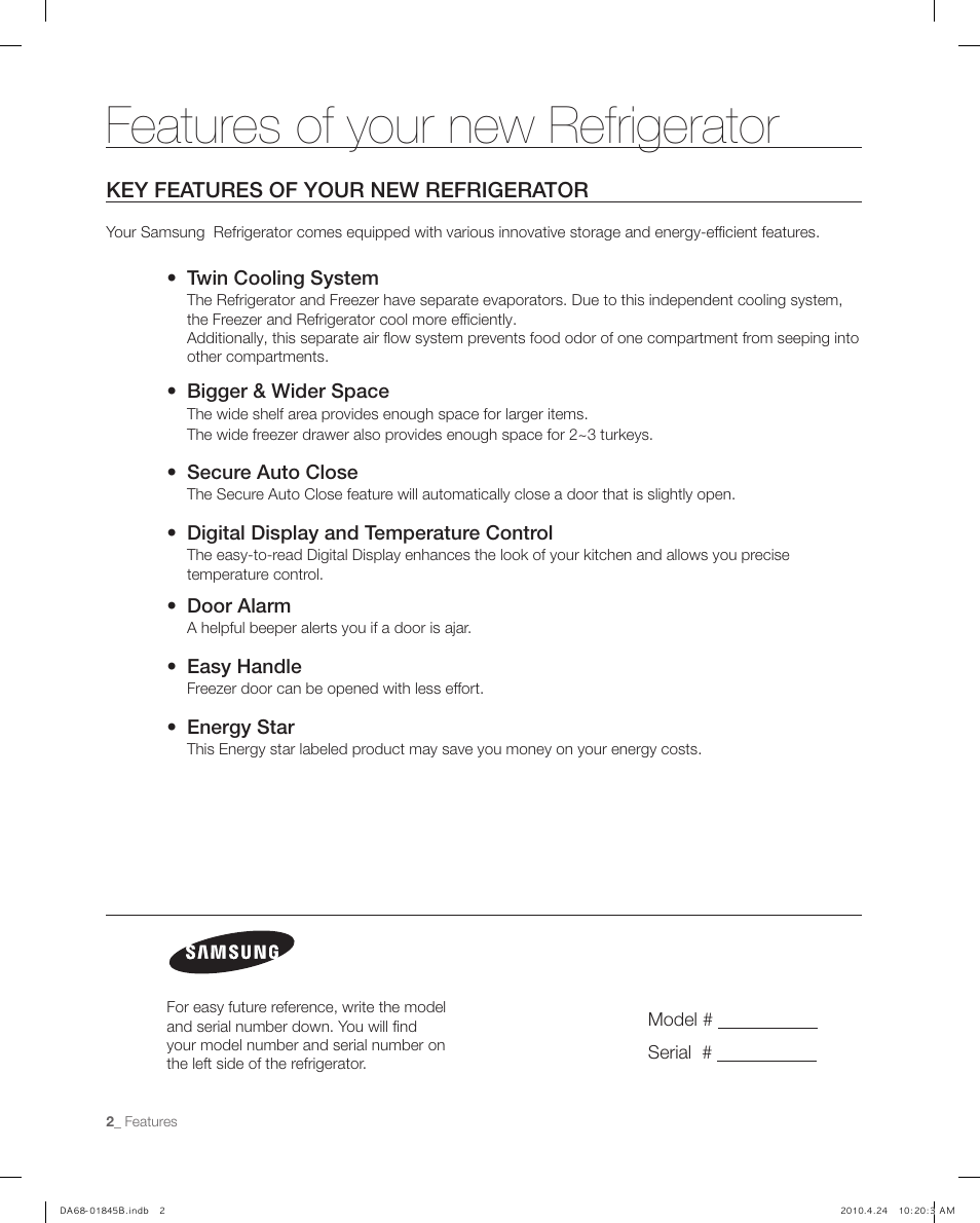 Features of your new refrigerator, Key features of your new refrigerator | Samsung RF215** User Manual | Page 2 / 34