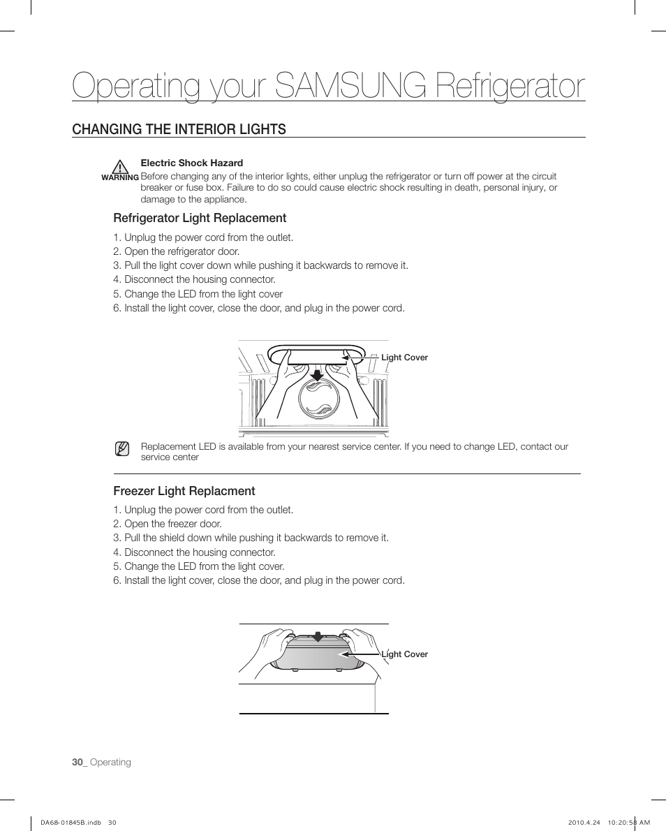 Changing the interior lights, Operating your samsung refrigerator | Samsung RF215** User Manual | Page 30 / 34
