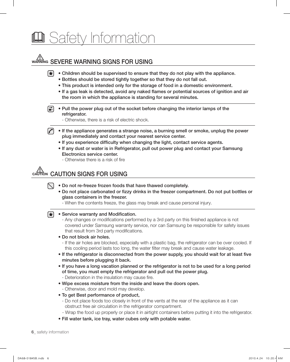 Severe warning signs for using, Caution signs for using, Safety information | Samsung RF215** User Manual | Page 6 / 34