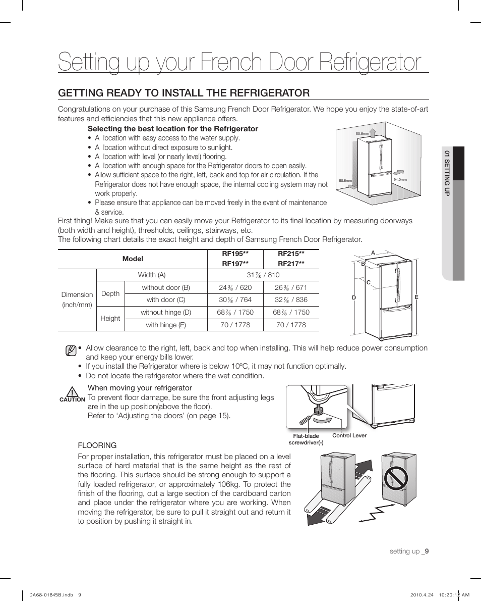 Setting up your french door refrigerator, Getting ready to install the refrigerator | Samsung RF215** User Manual | Page 9 / 34