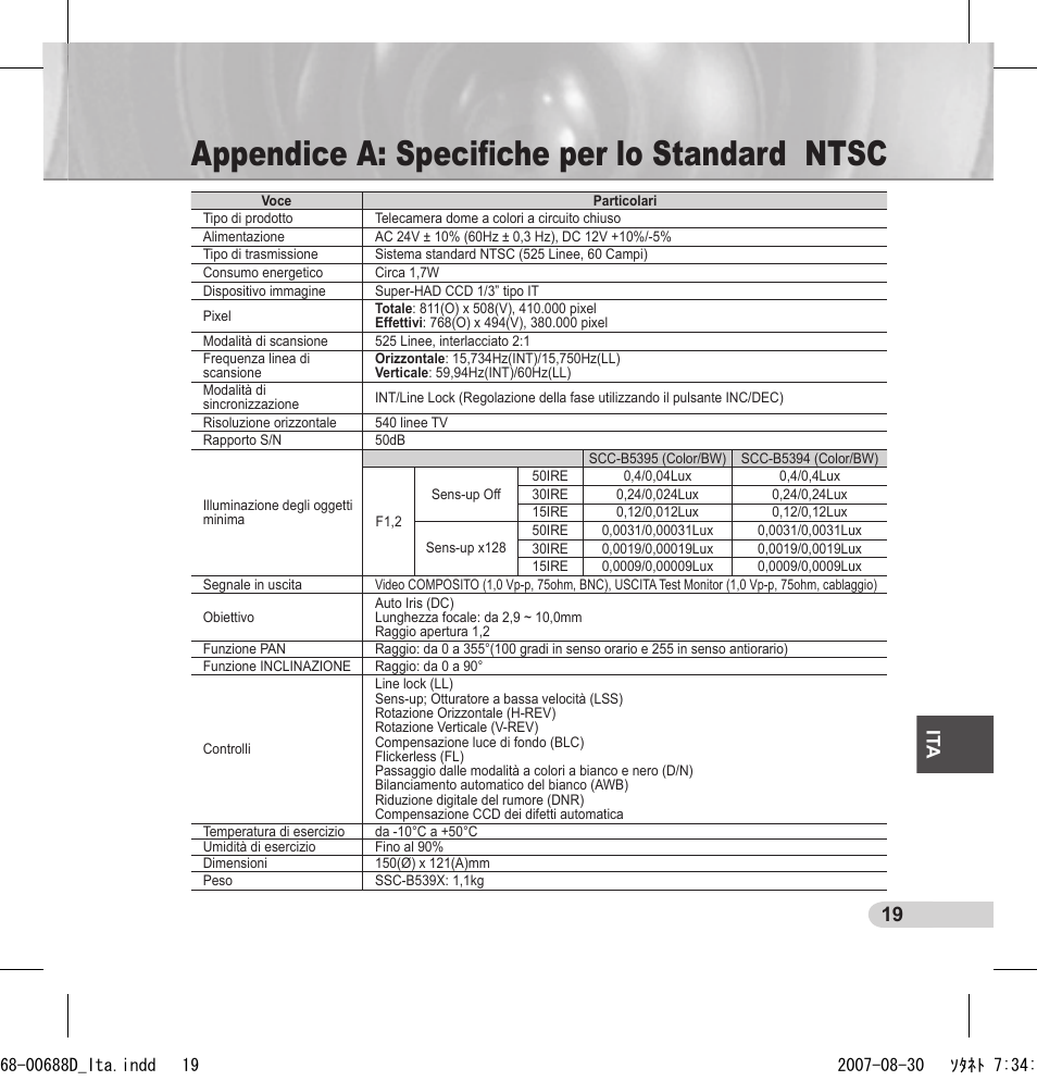 Appendice a: speciﬁche per lo standard ntsc, It a | Samsung SCC-B5394 User Manual | Page 107 / 131