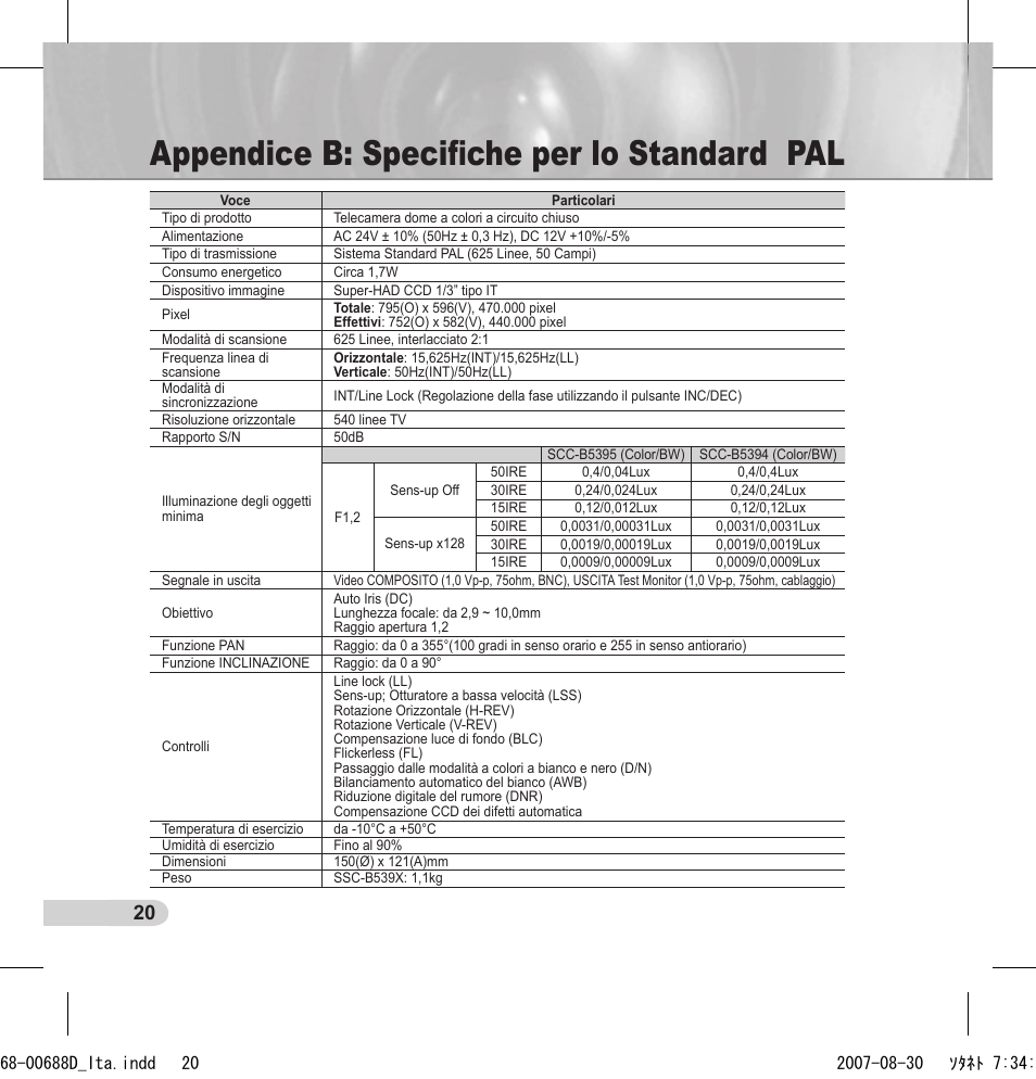 Appendice b: speciﬁche per lo standard pal | Samsung SCC-B5394 User Manual | Page 108 / 131