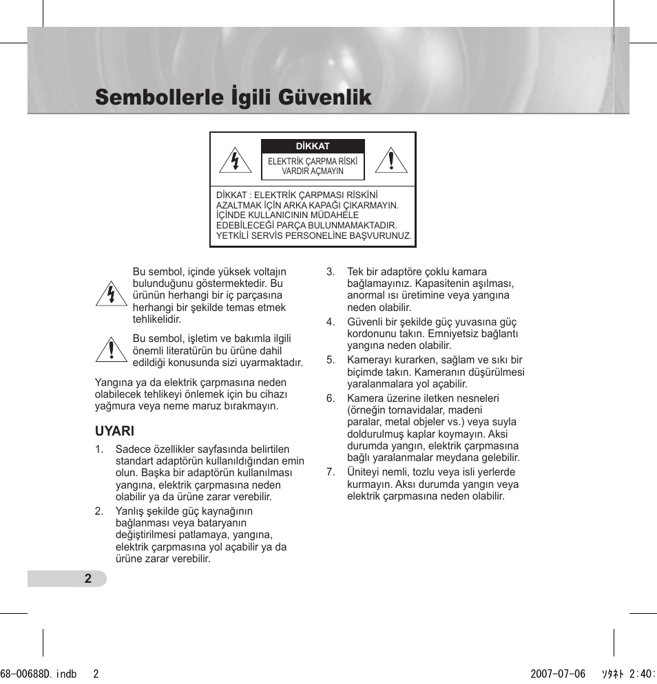 Sembollerle igili güvenlik, Uyari | Samsung SCC-B5394 User Manual | Page 112 / 131