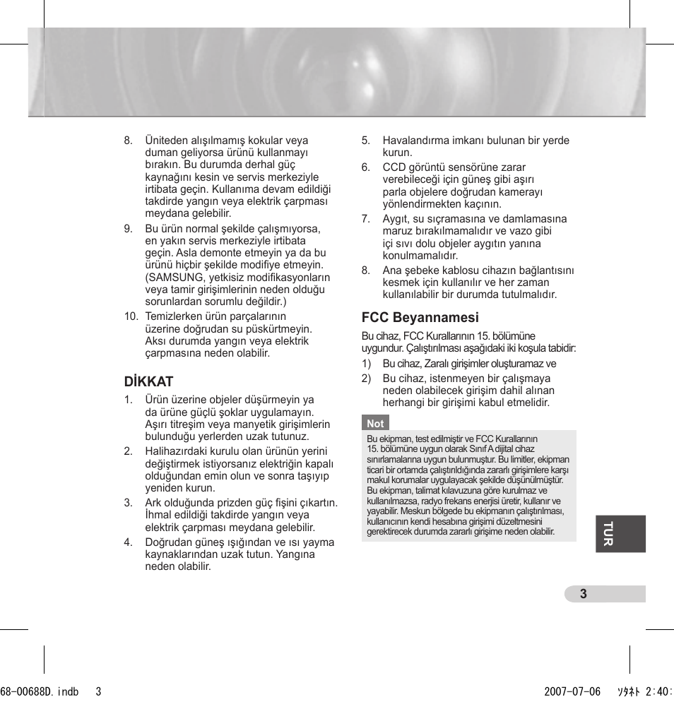 Dikkat, Fcc beyannamesi | Samsung SCC-B5394 User Manual | Page 113 / 131