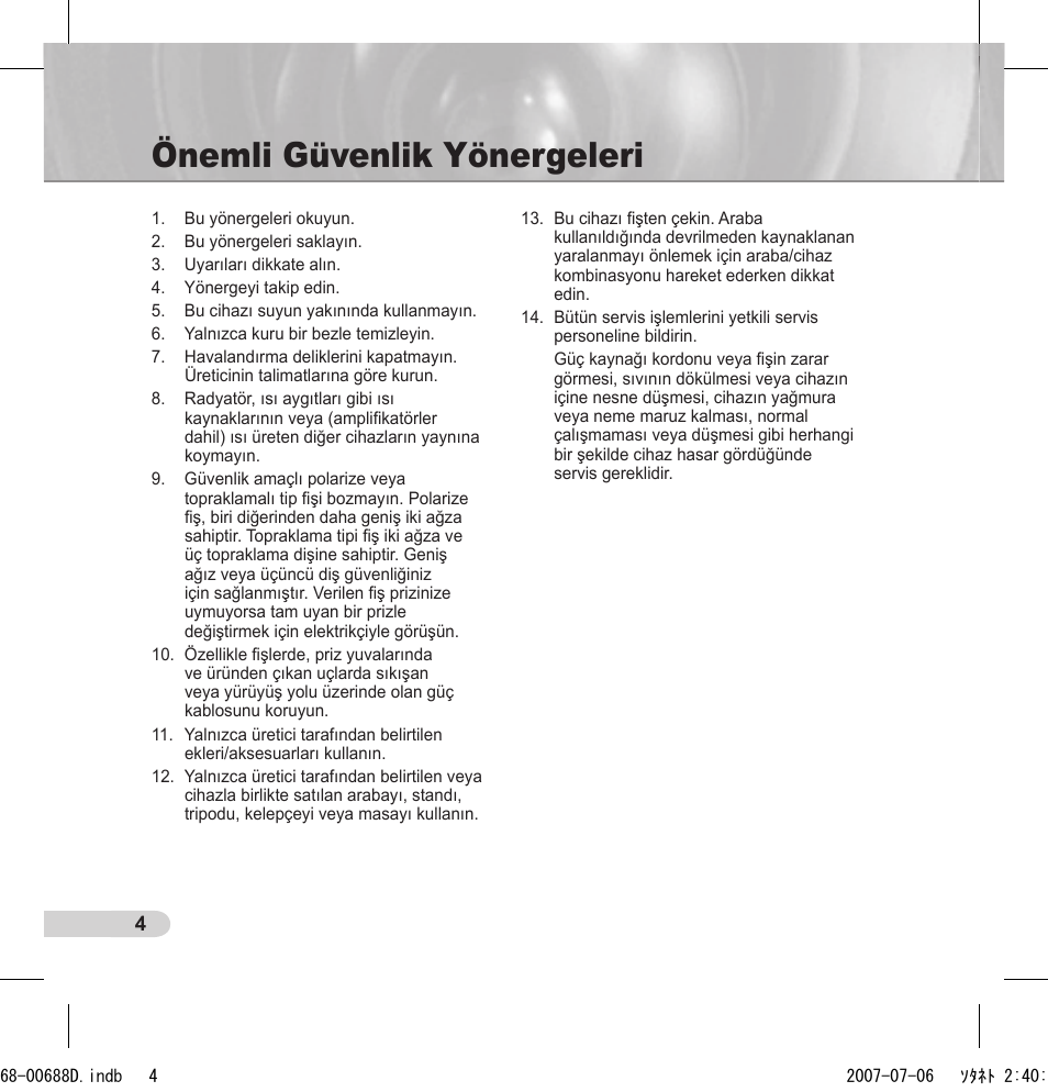 Önemli güvenlik yönergeleri | Samsung SCC-B5394 User Manual | Page 114 / 131