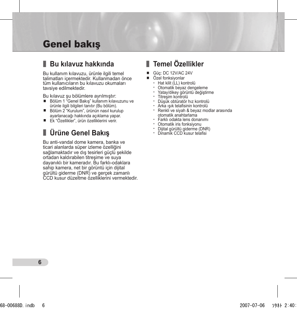 Genel bakış, Bu kılavuz hakkında, Ürüne genel bakış | Temel özellikler | Samsung SCC-B5394 User Manual | Page 116 / 131