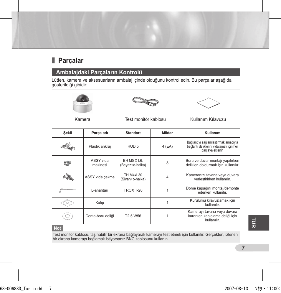 Parçalar, Ambalajdaki parçaların kontrolü | Samsung SCC-B5394 User Manual | Page 117 / 131