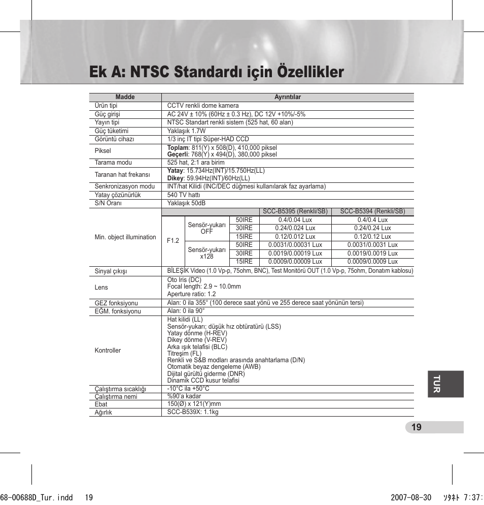 Ek a: ntsc standardı için özellikler | Samsung SCC-B5394 User Manual | Page 129 / 131