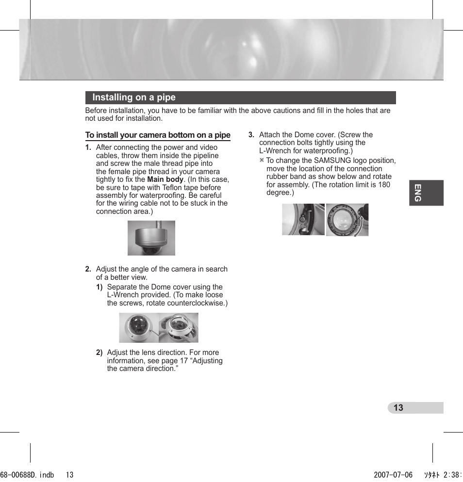 Installing on a pipe | Samsung SCC-B5394 User Manual | Page 13 / 131