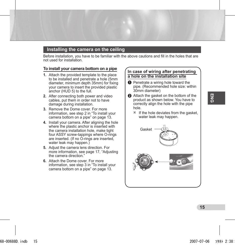 Installing the camera on the ceiling | Samsung SCC-B5394 User Manual | Page 15 / 131