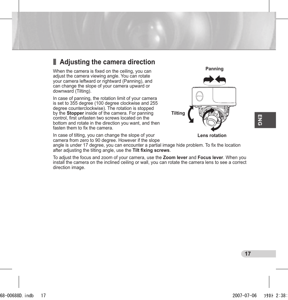 Adjusting the camera direction | Samsung SCC-B5394 User Manual | Page 17 / 131