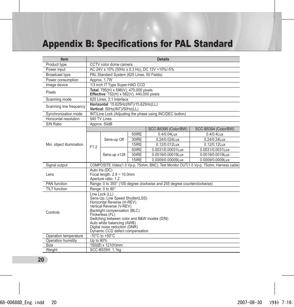 Appendix b: speciﬁcations for pal standard | Samsung SCC-B5394 User Manual | Page 20 / 131