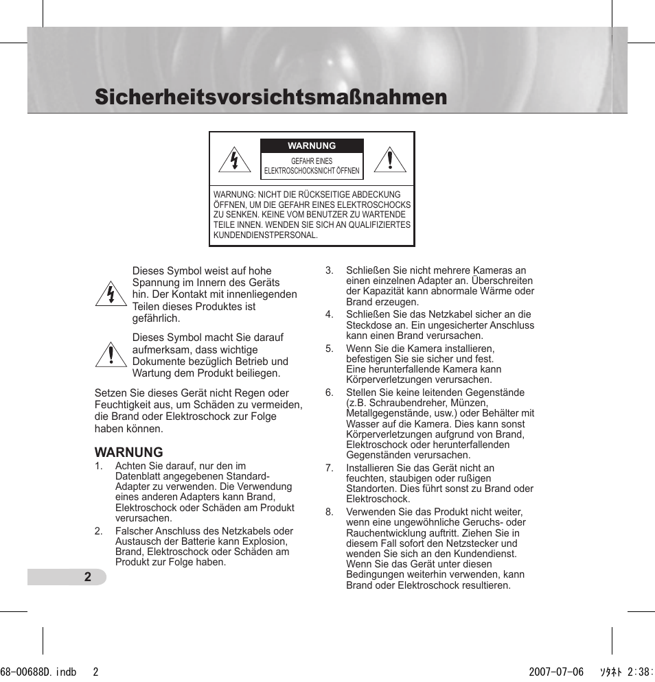 Sicherheitsvorsichtsmaßnahmen, Warnung | Samsung SCC-B5394 User Manual | Page 24 / 131