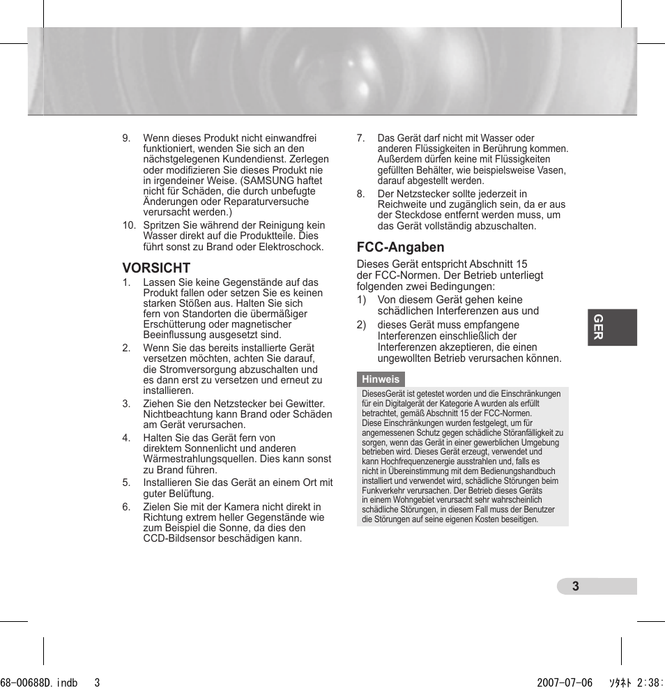 Vorsicht, Fcc-angaben | Samsung SCC-B5394 User Manual | Page 25 / 131