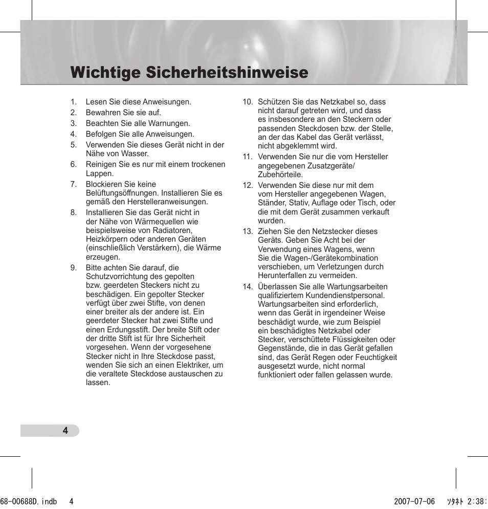 Wichtige sicherheitshinweise | Samsung SCC-B5394 User Manual | Page 26 / 131