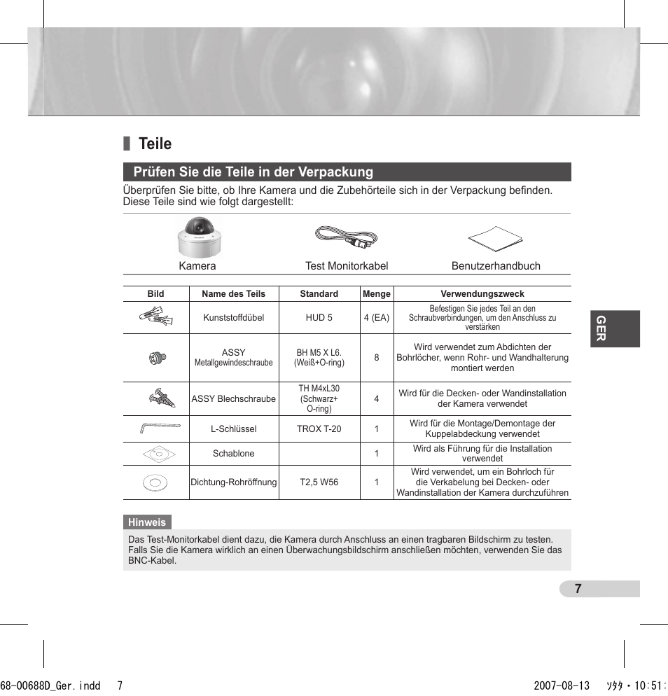 Teile, Prüfen sie die teile in der verpackung | Samsung SCC-B5394 User Manual | Page 29 / 131