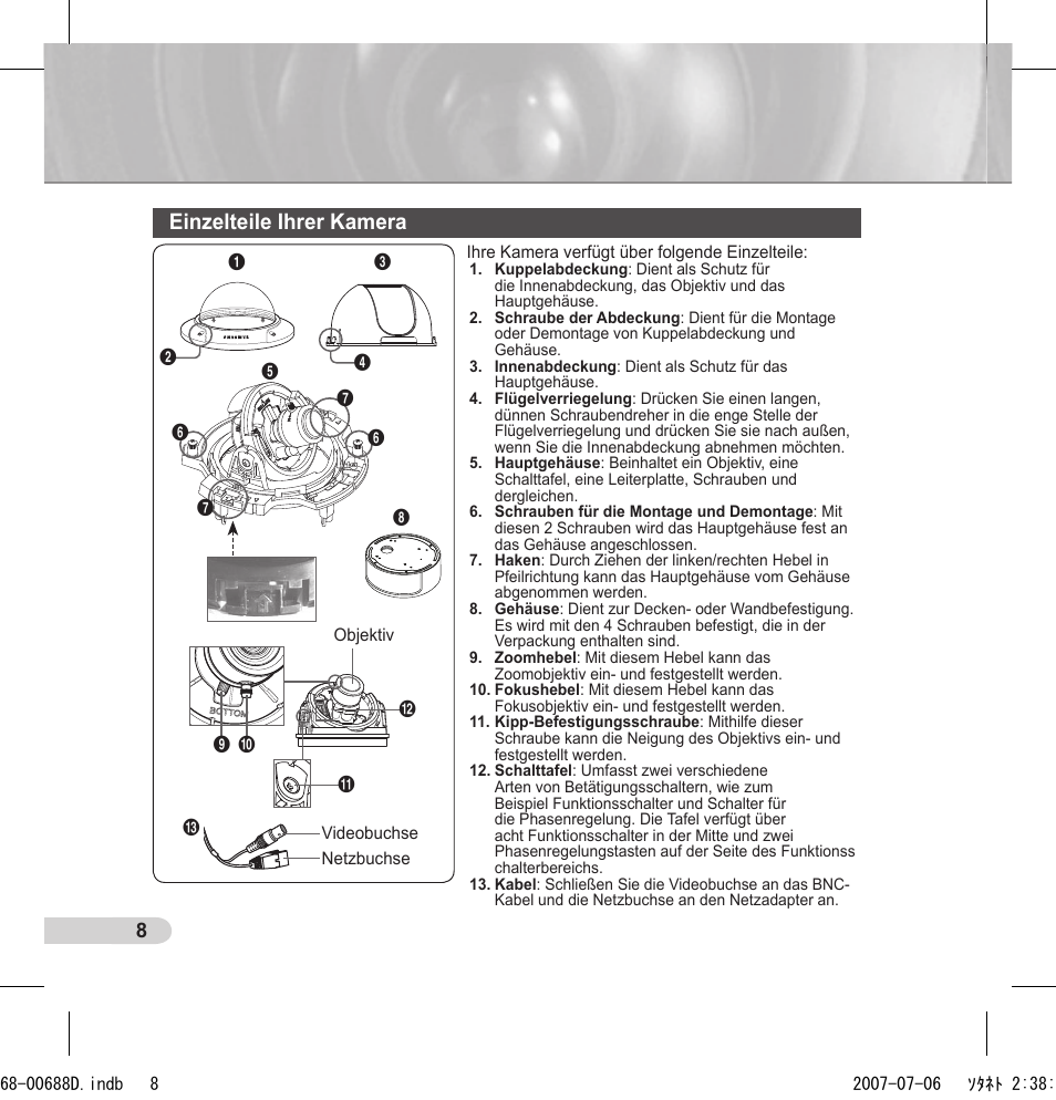 Einzelteile ihrer kamera | Samsung SCC-B5394 User Manual | Page 30 / 131