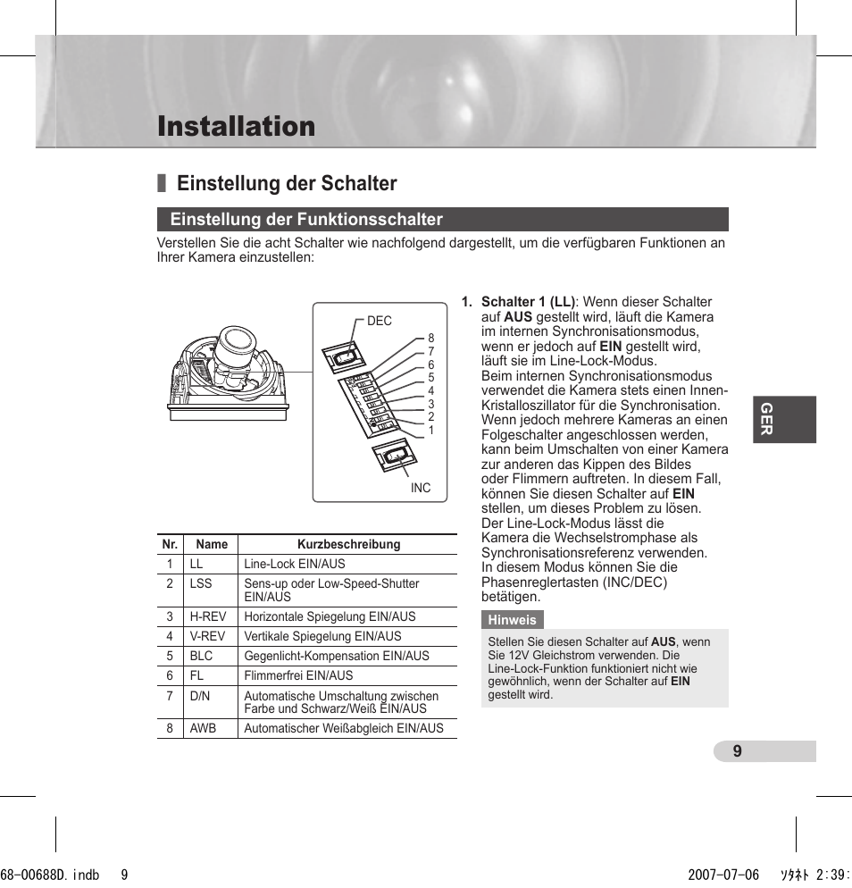 Installation, Einstellung der schalter, Einstellung der funktionsschalter | Samsung SCC-B5394 User Manual | Page 31 / 131