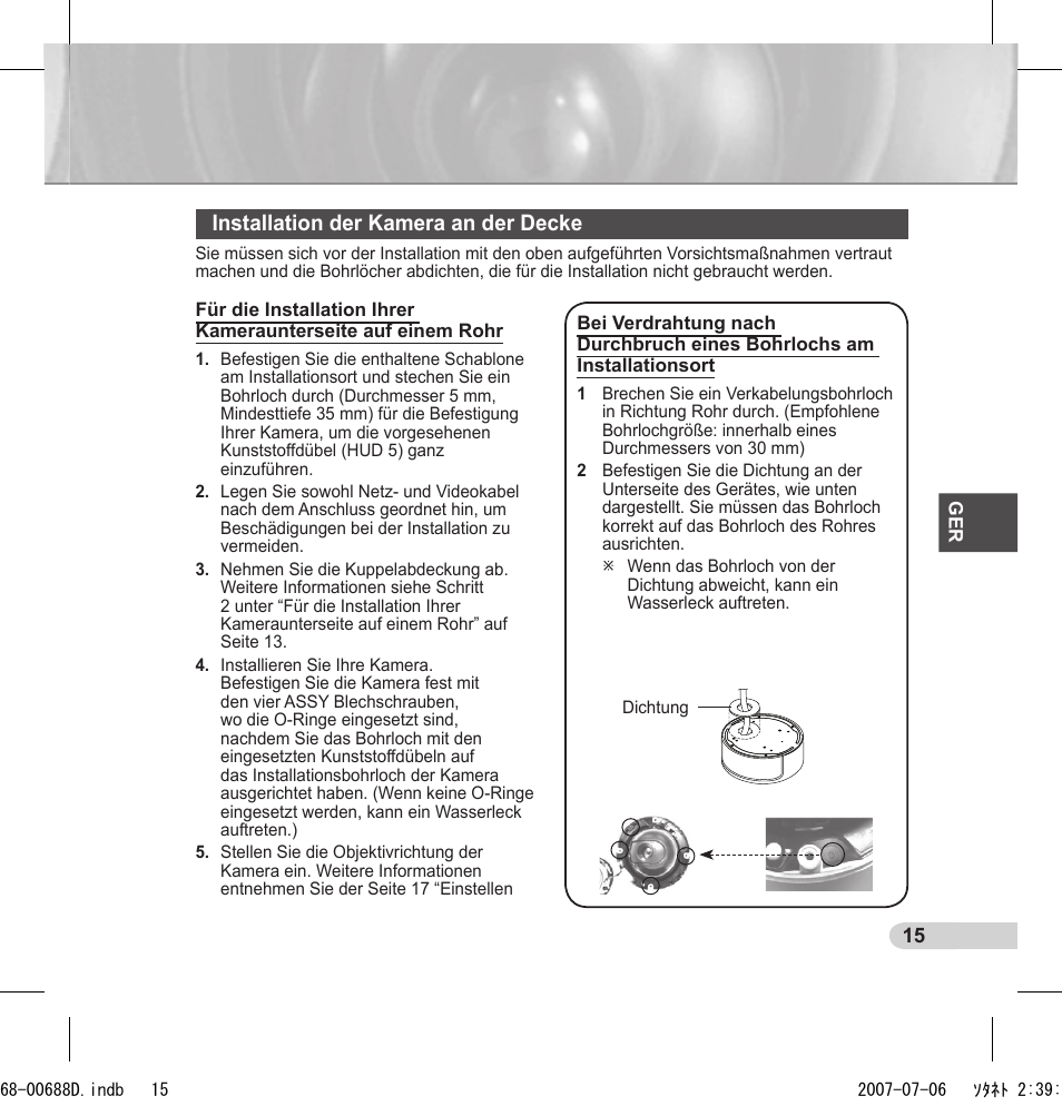 Installation der kamera an der decke | Samsung SCC-B5394 User Manual | Page 37 / 131