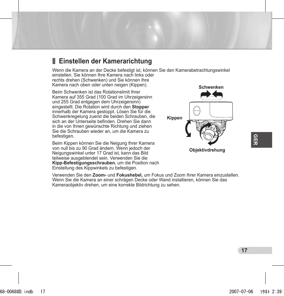 Einstellen der kamerarichtung | Samsung SCC-B5394 User Manual | Page 39 / 131