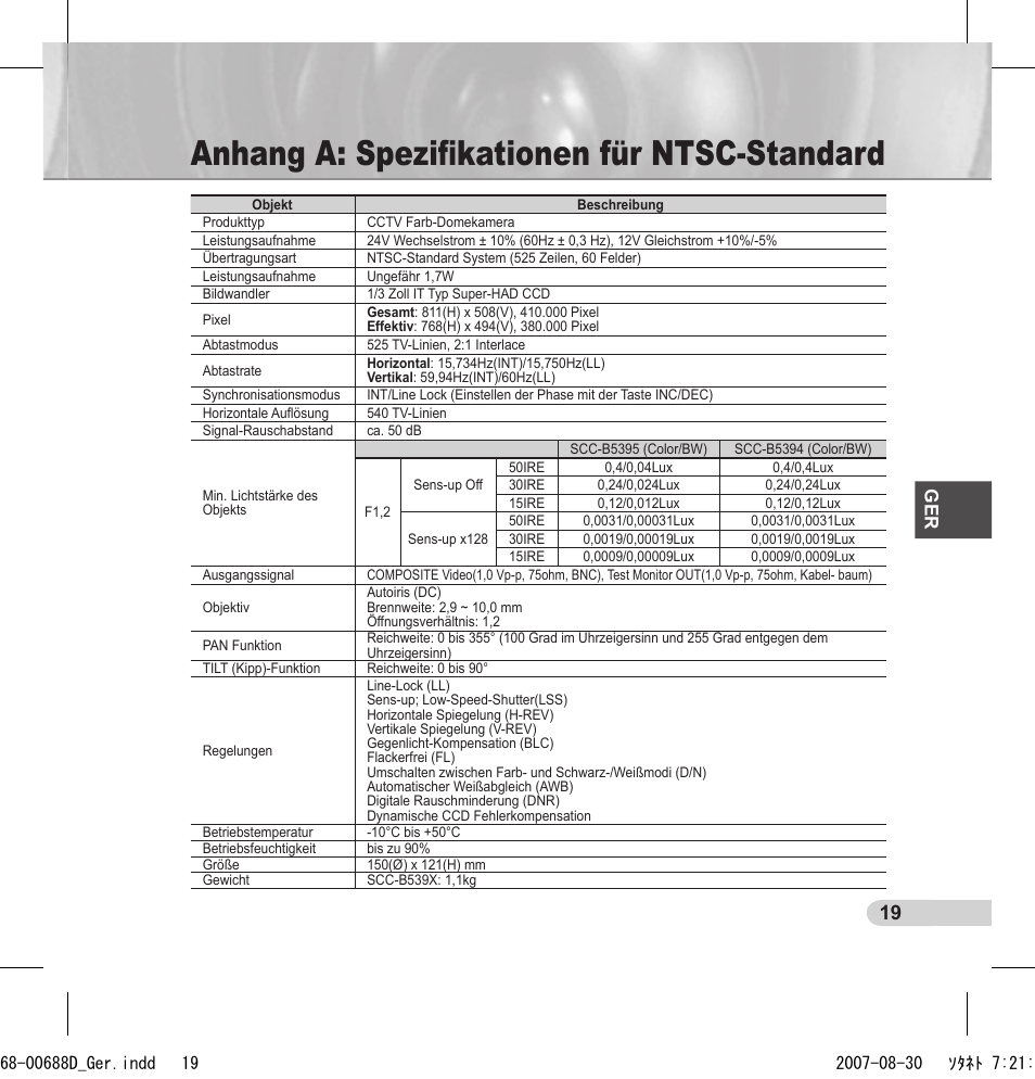Anhang a: speziﬁkationen für ntsc-standard | Samsung SCC-B5394 User Manual | Page 41 / 131