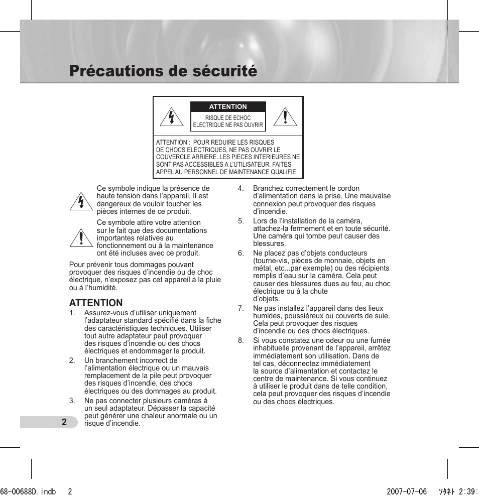 Précautions de sécurité, Attention | Samsung SCC-B5394 User Manual | Page 46 / 131