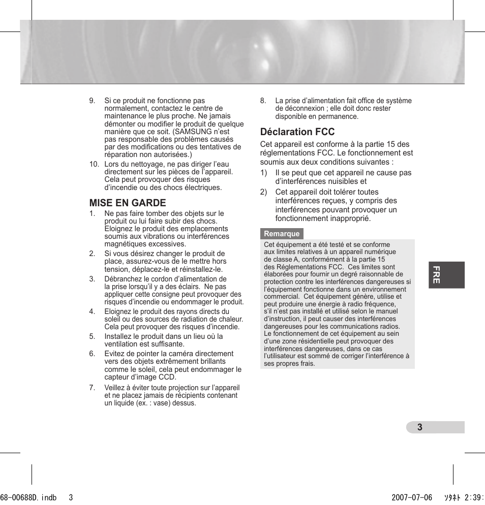 Mise en garde, Déclaration fcc | Samsung SCC-B5394 User Manual | Page 47 / 131