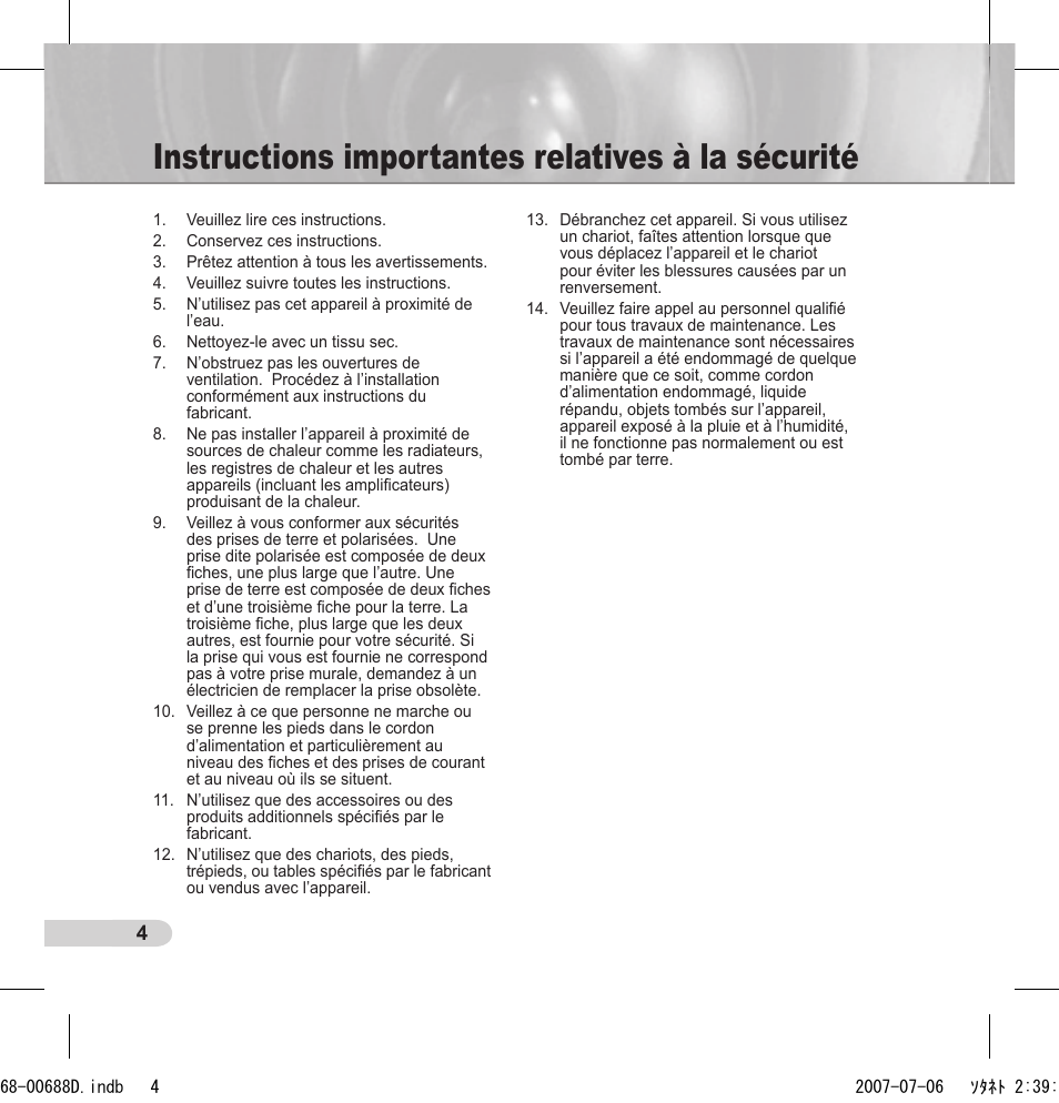 Instructions importantes relatives à la sécurité | Samsung SCC-B5394 User Manual | Page 48 / 131