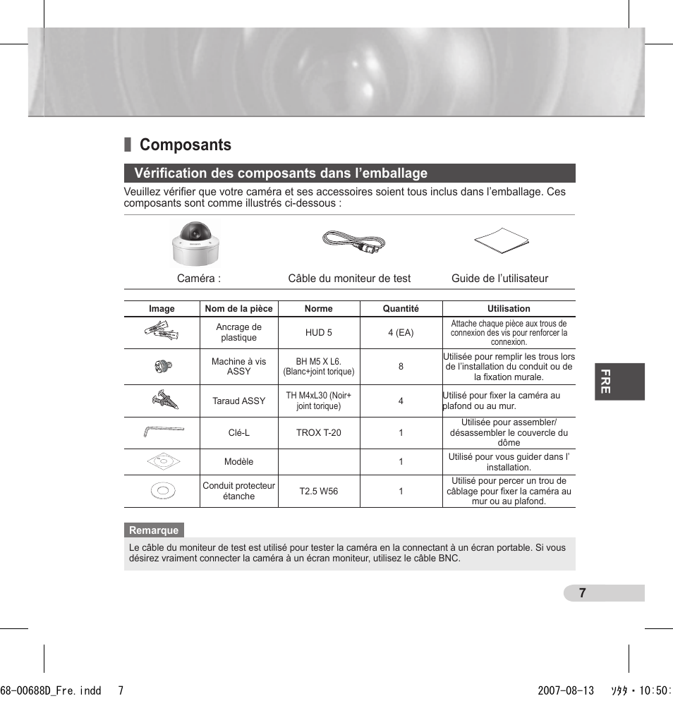 Composants, Vériﬁcation des composants dans l’emballage | Samsung SCC-B5394 User Manual | Page 51 / 131