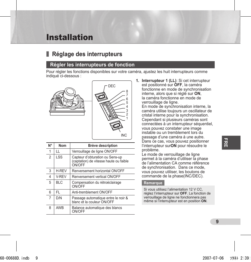 Installation, Réglage des interrupteurs, Régler les interrupteurs de fonction | Samsung SCC-B5394 User Manual | Page 53 / 131