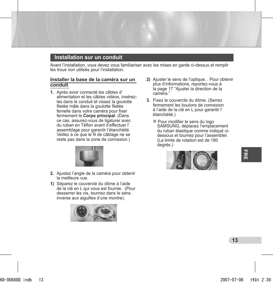 Installation sur un conduit | Samsung SCC-B5394 User Manual | Page 57 / 131