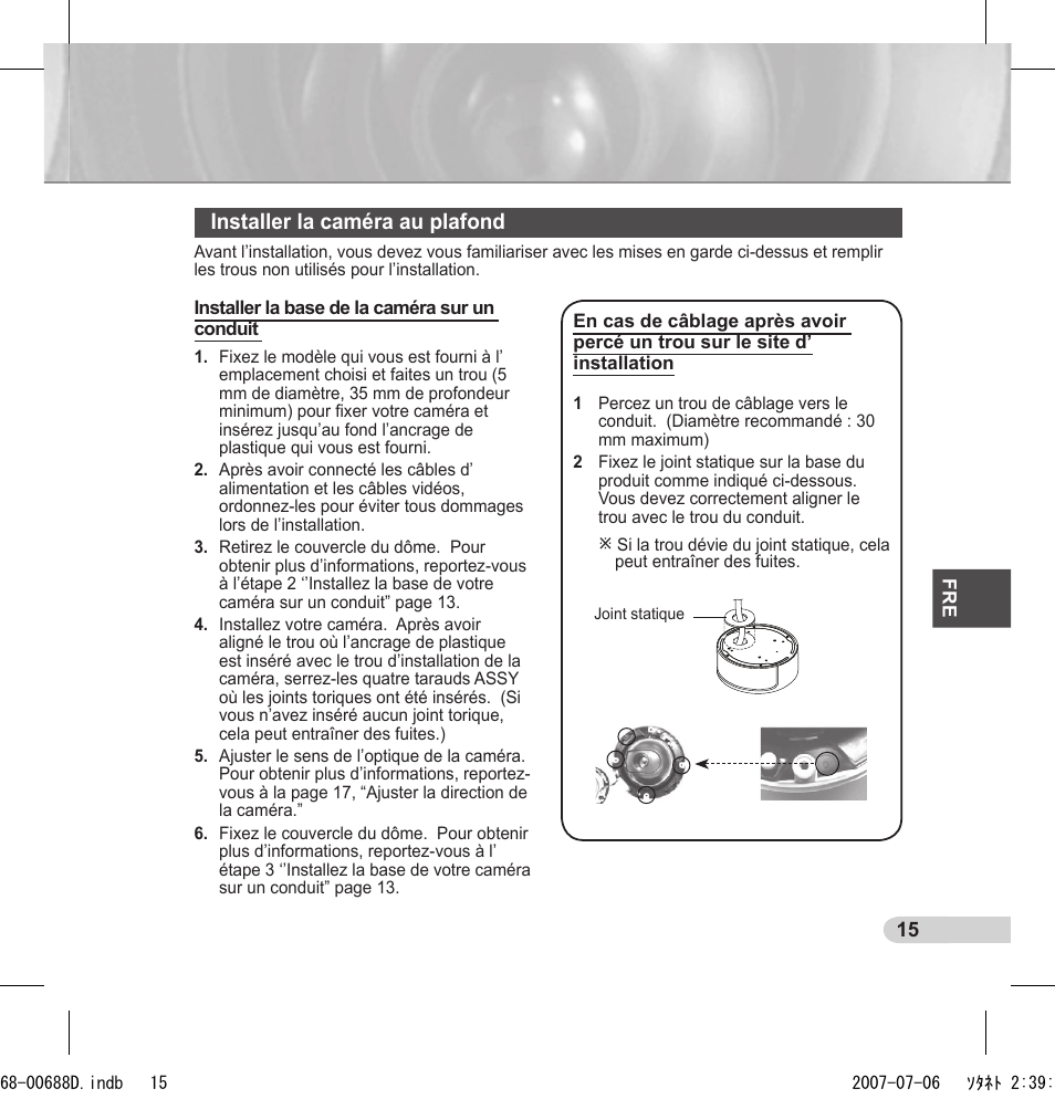 Installer la caméra au plafond | Samsung SCC-B5394 User Manual | Page 59 / 131