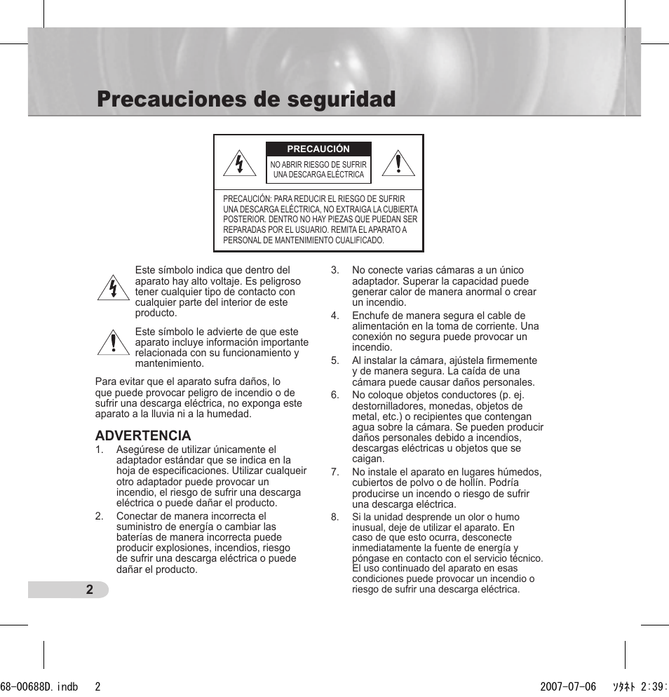 Precauciones de seguridad, Advertencia | Samsung SCC-B5394 User Manual | Page 68 / 131