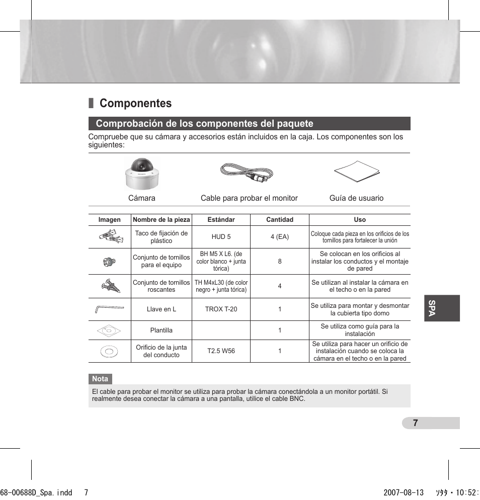 Componentes, Comprobación de los componentes del paquete | Samsung SCC-B5394 User Manual | Page 73 / 131