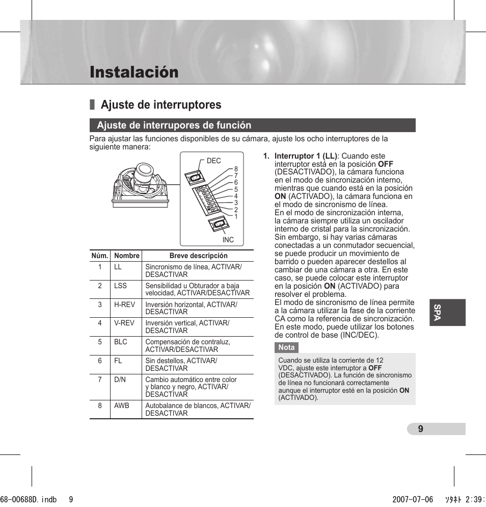 Instalación, Ajuste de interruptores, Ajuste de interrupores de función | Samsung SCC-B5394 User Manual | Page 75 / 131